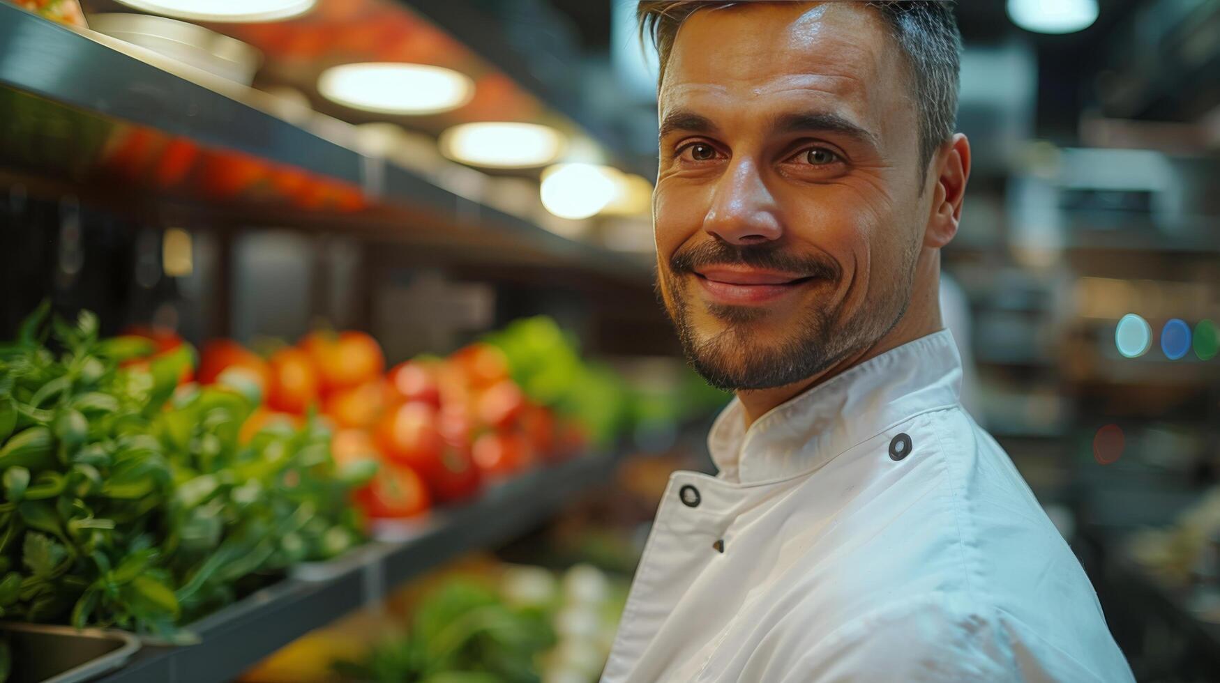 AI generated Man Standing in Front of Shelf of Vegetables photo