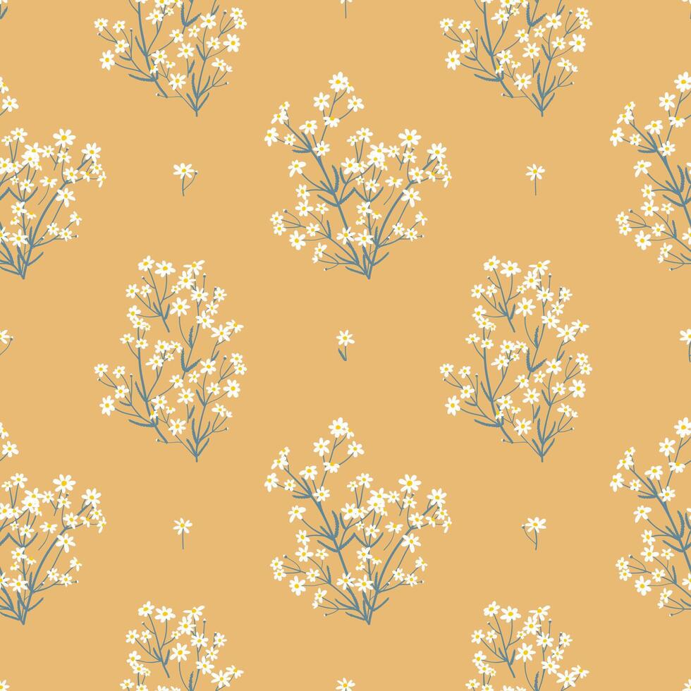 Seamless pattern with chamomile bouquets on yellow background. Abstract simple botanical design for wrapping paper, covers and fabric vector