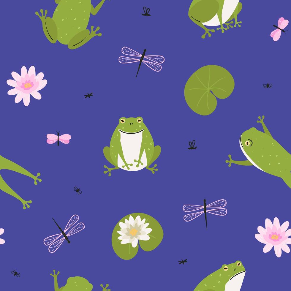 Seamless pattern with funny frogs, dragonfly and water lily on blue background vector