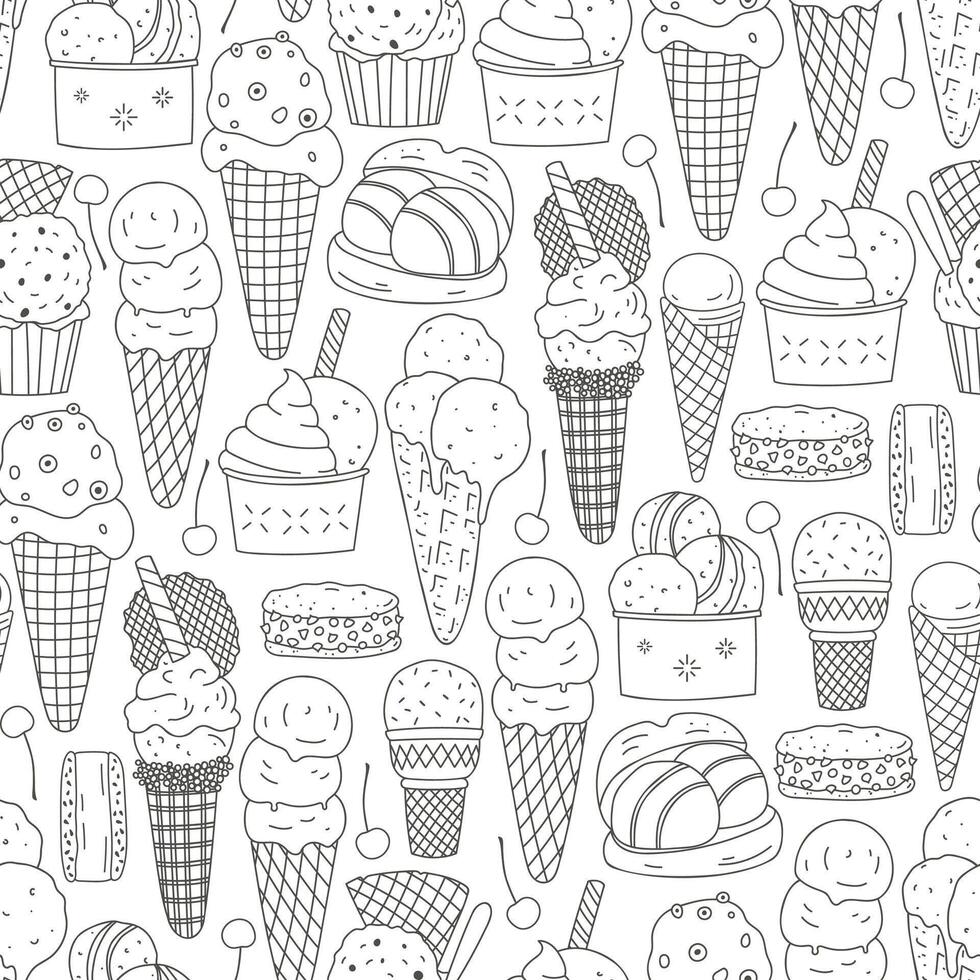 Hand drawn different ice cream seamless pattern. Monochrome food design for fabric, home textile, cover, wrapping paper vector