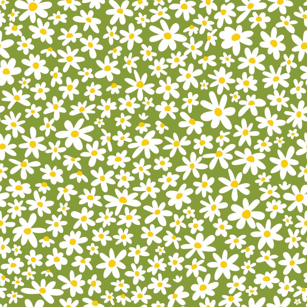 Seamless pattern with daisy flowers on a green background. Abstract simple botanical design for wrapping paper, covers and fabric vector