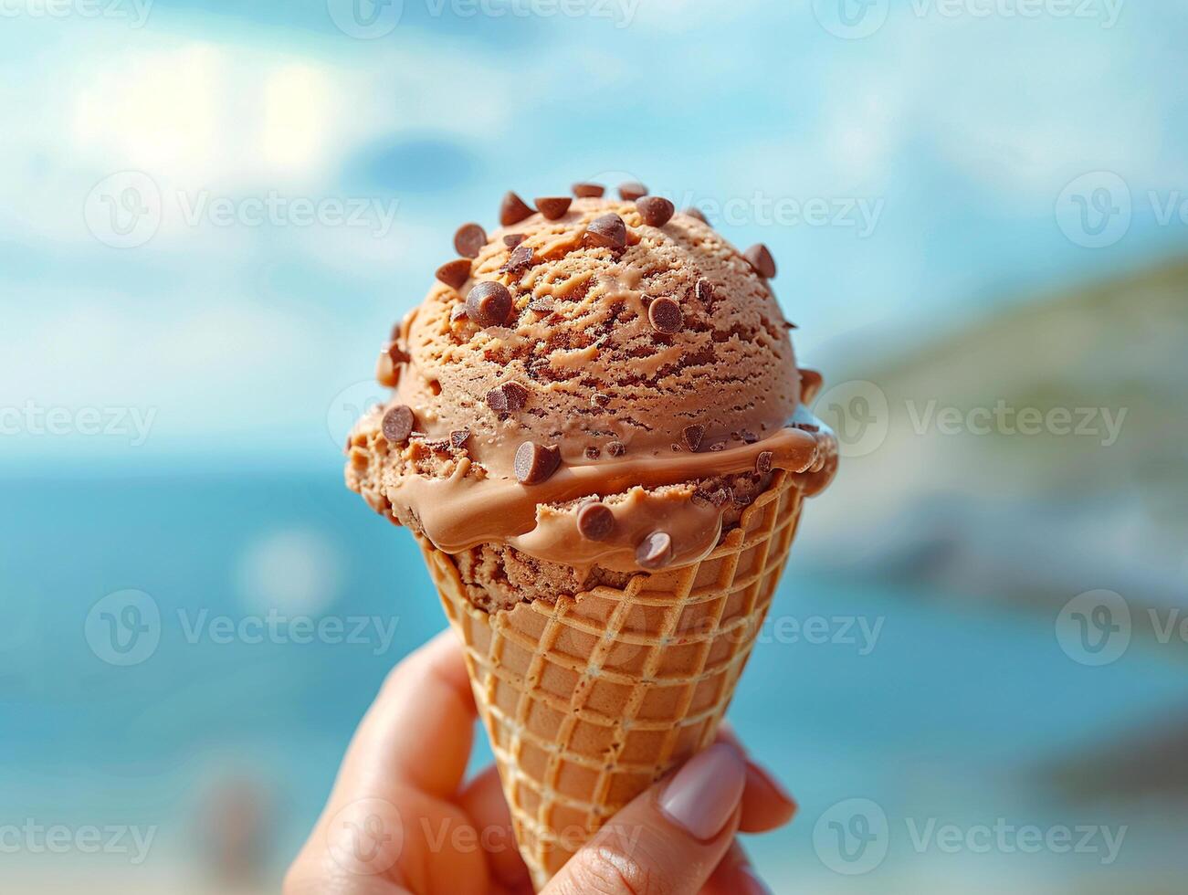 AI generated Human hand holds chocolate ice cream cone with blue sky background , AI generated photo