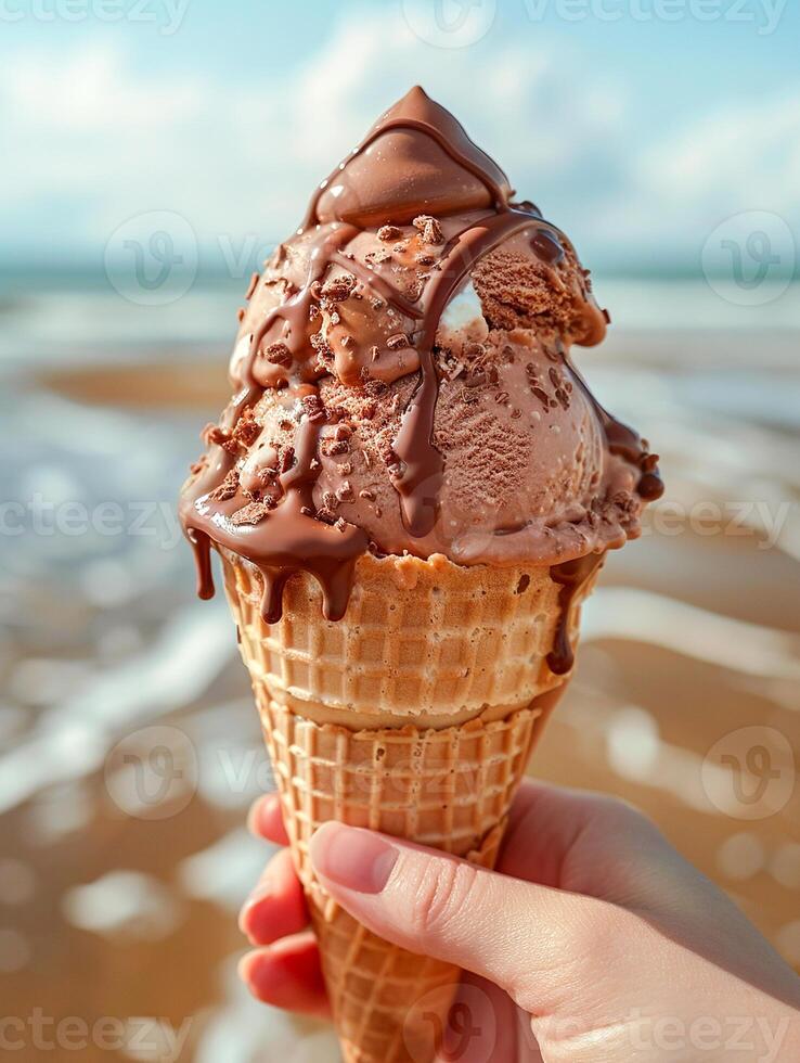 AI generated Human hand holds chocolate ice cream cone with blue sky background , AI generated photo
