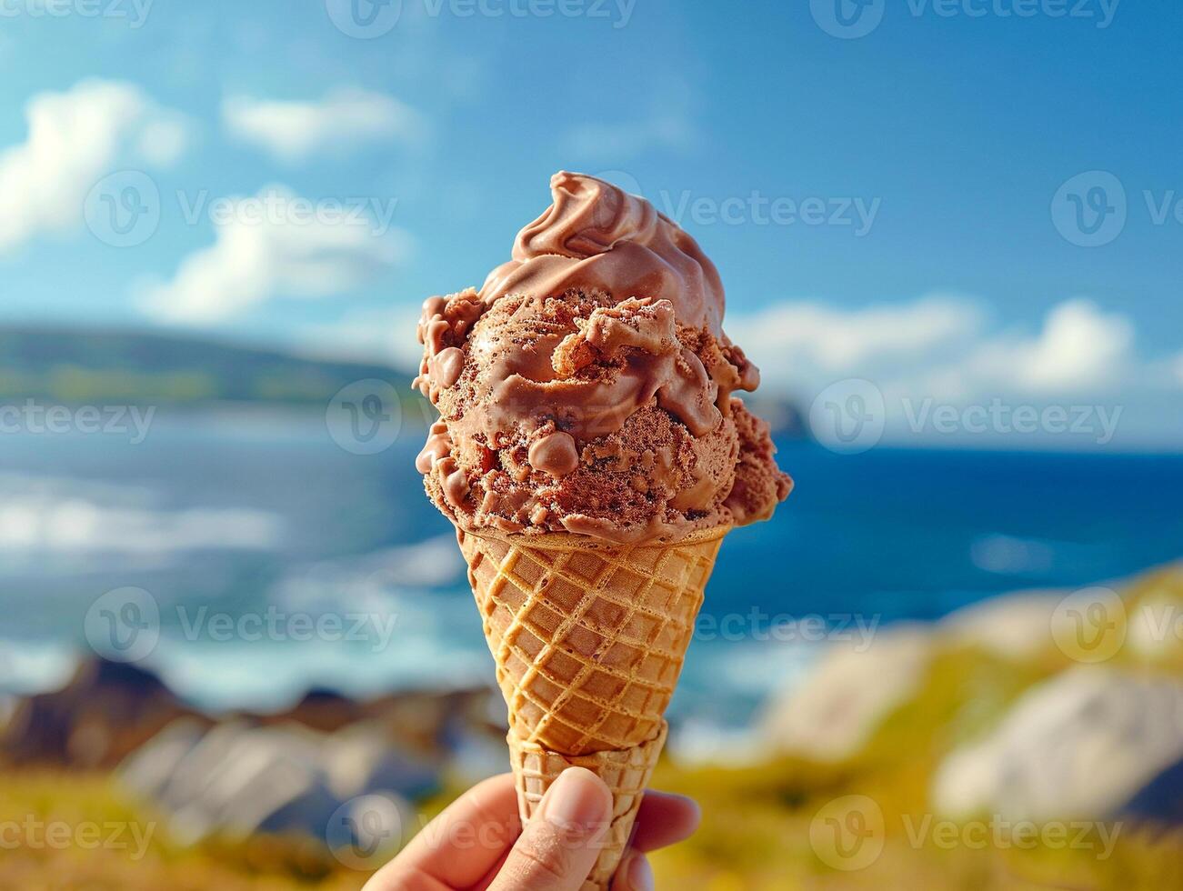 AI generated Human hand holds chocolate ice cream cone with blue sky background , AI generated photo