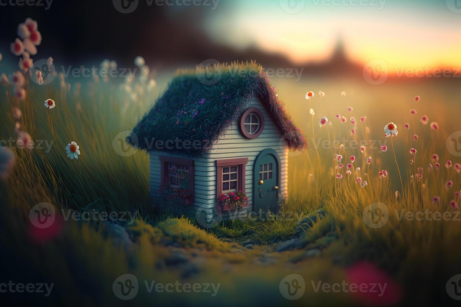 AI generated Tiny cute miniature house in a garden full of flowers. Close up with depth of field photo