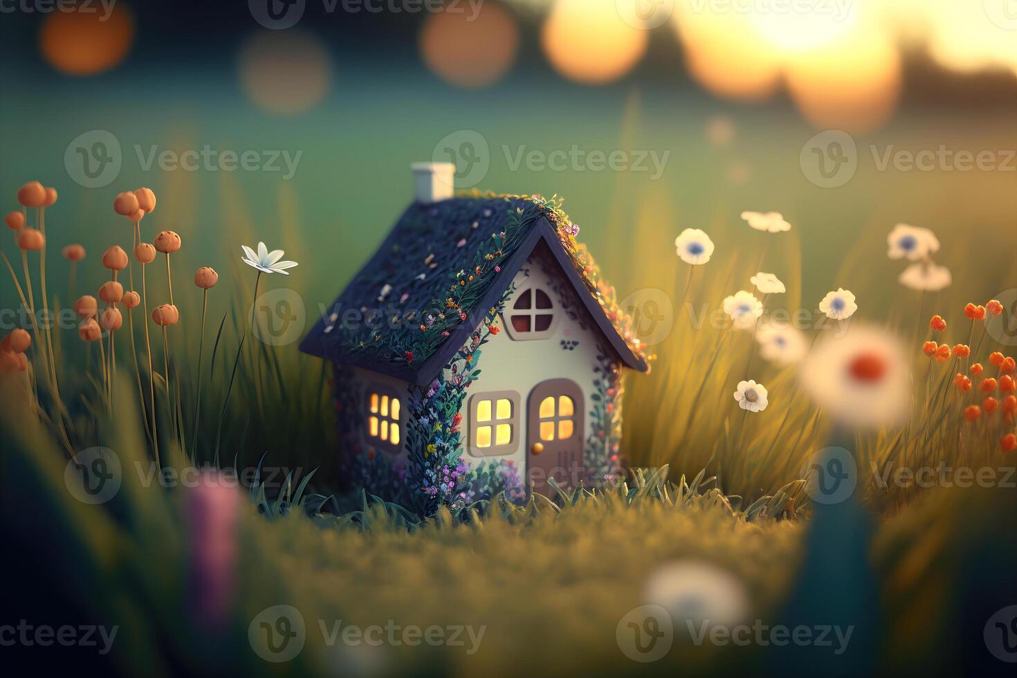 AI generated Tiny cute miniature house in a garden full of flowers. Close up with depth of field photo