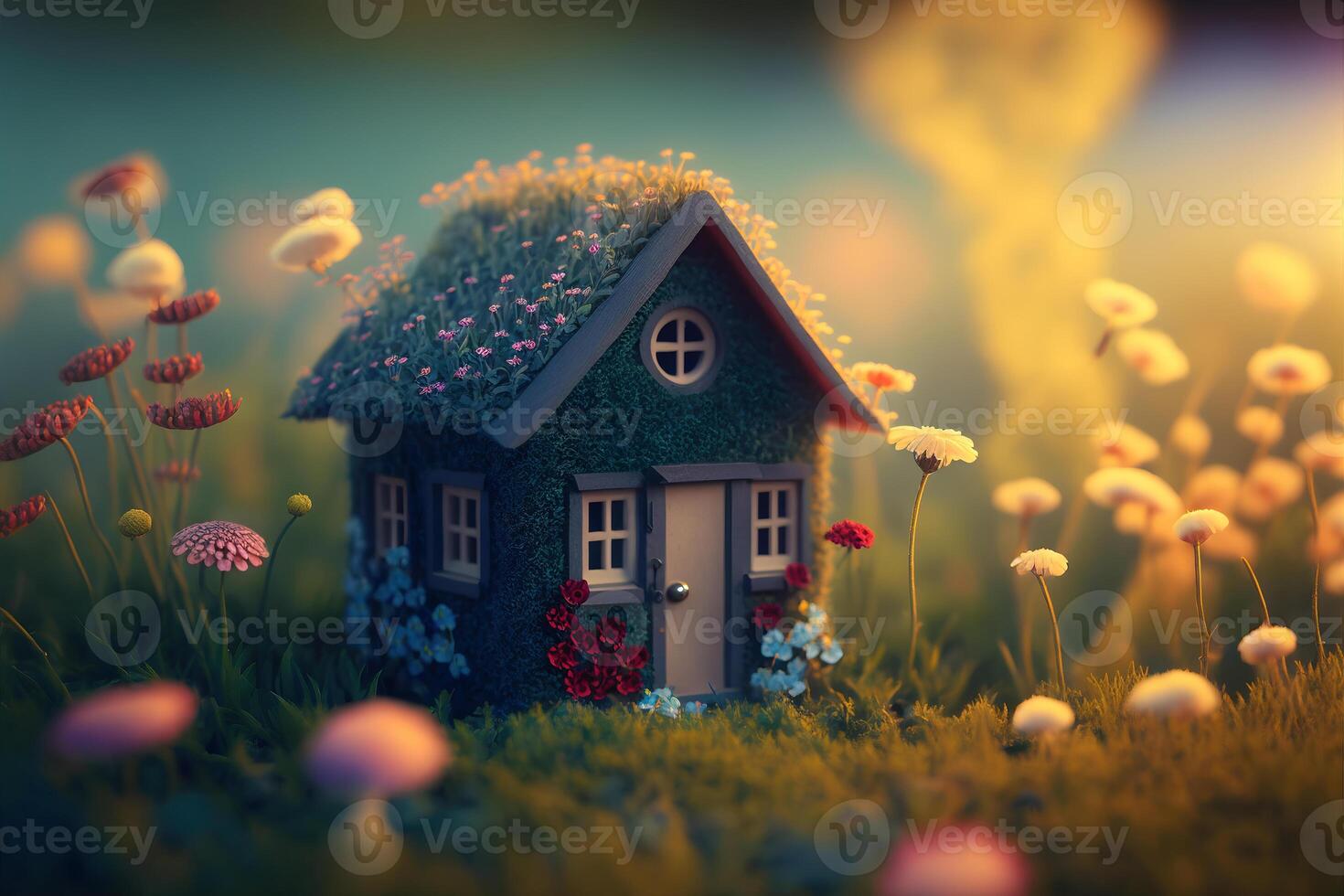 AI generated Tiny cute miniature house in a garden full of flowers. Close up with depth of field photo