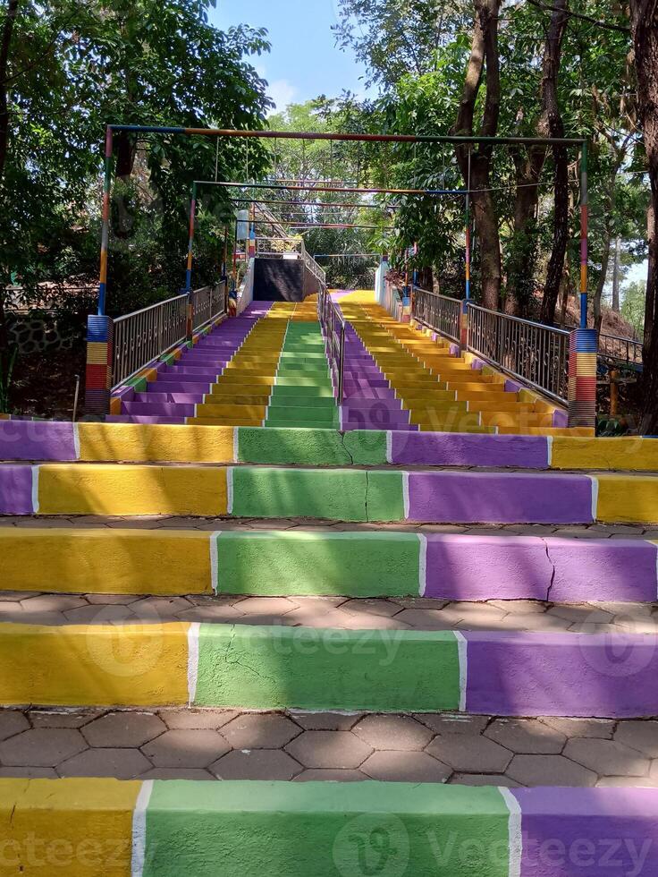 Colorful Forest Pathway with Staircase and Greenery photo