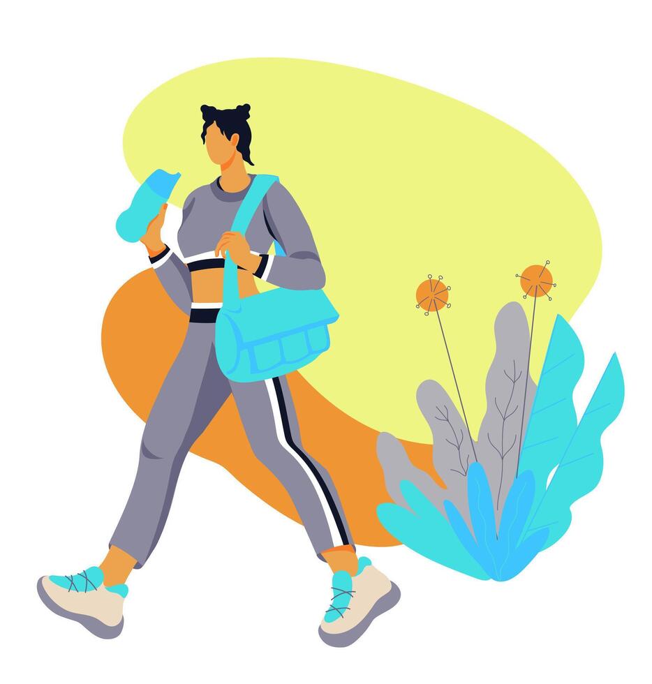 juguetón atlético mujer yendo a aptitud ejercicios, plano vector ilustración. joven activo mujer en ropa de deporte amoroso deporte y líder sano estilo de vida.