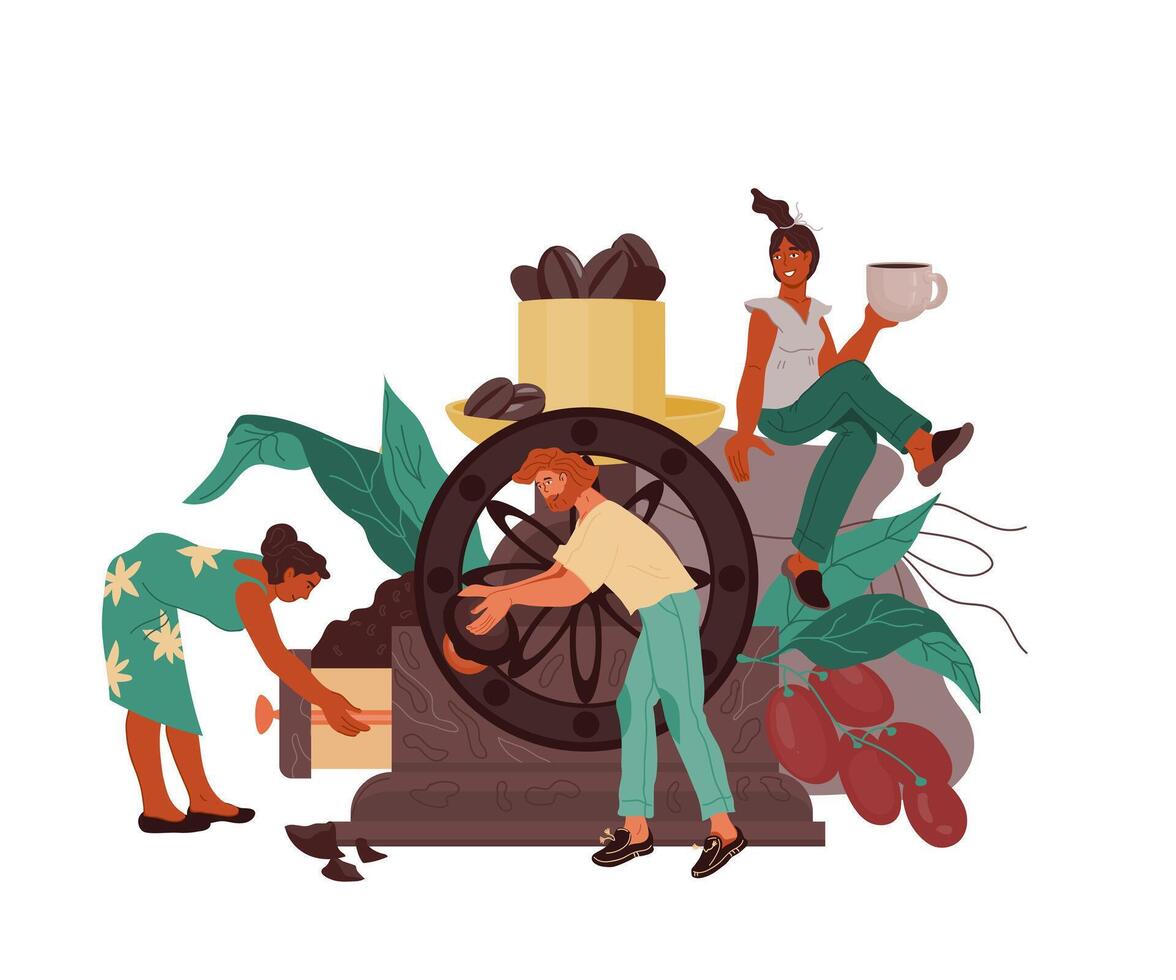 Coffee drink producing and processing of coffee beans banner with people grinding coffee, flat vector illustration isolated on white background. Composition for cafe or coffeehouse menu card.