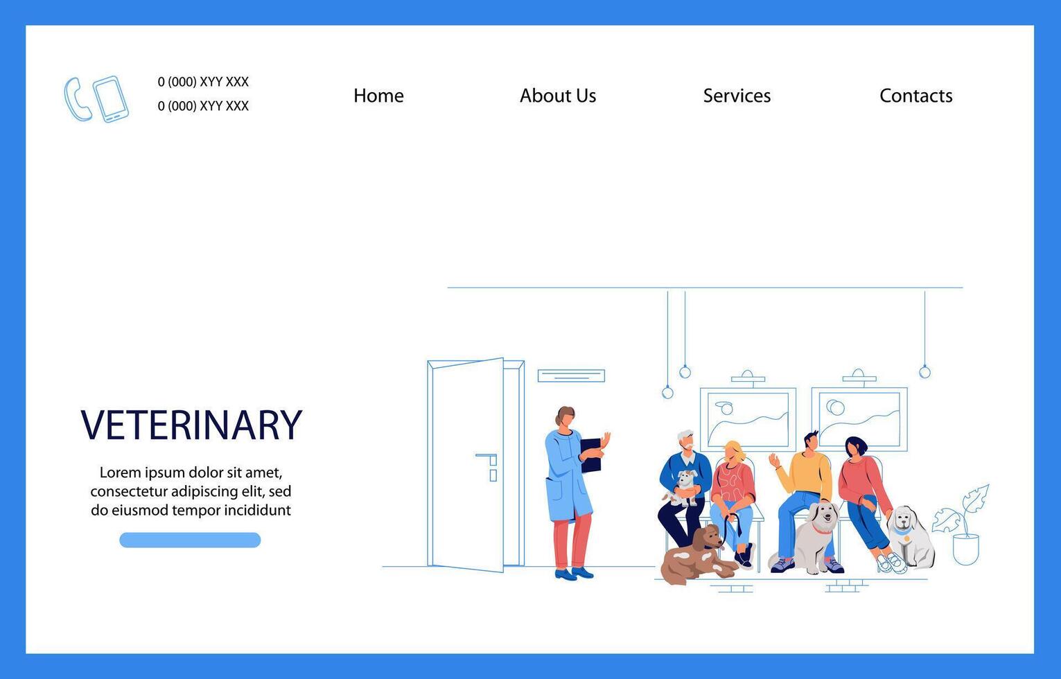 Veterinary clinic website banner with people and pets flat vector illustration.