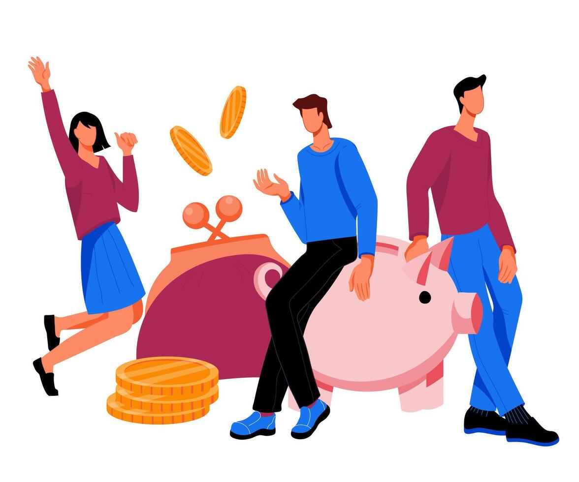 Saving money and making profit concept with cartoon characters standing next to piggy bank and coins. Business people cheerful to save money flat vector illustration isolated on white background.