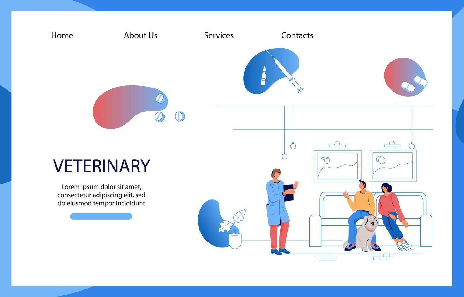 Veterinary clinic website banner mockup with pet owners and veterinarian at animal clinic reception, flat vector illustration. Landing web page template for vet clinic service.