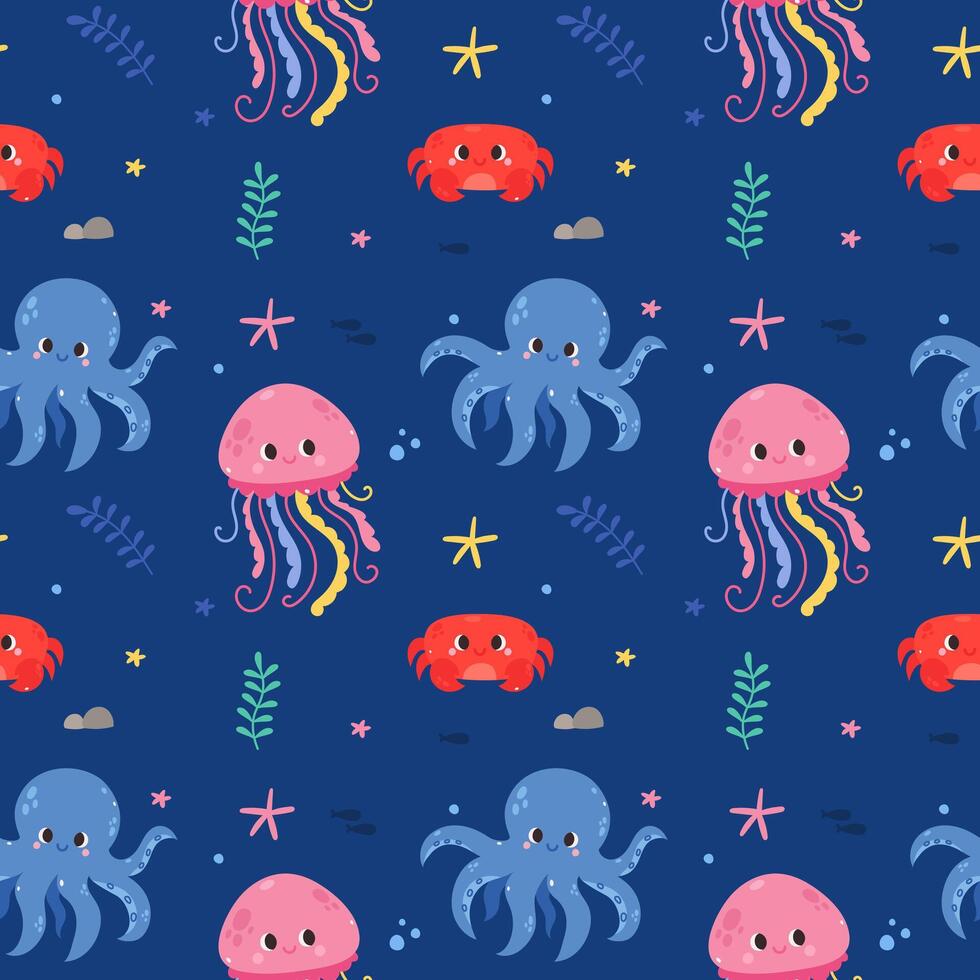 Cute seamless vector pattern with marine animals