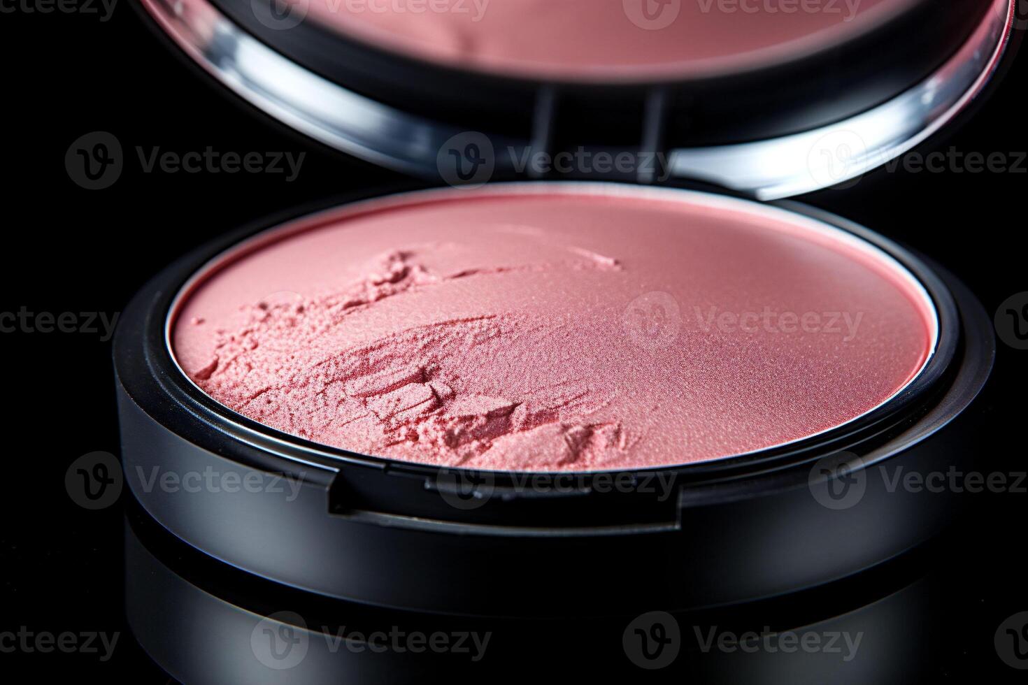 AI generated Pink Face blush powder in a black plastic container on a black background. Decorative cosmetics advertisement or banner. Copy space photo
