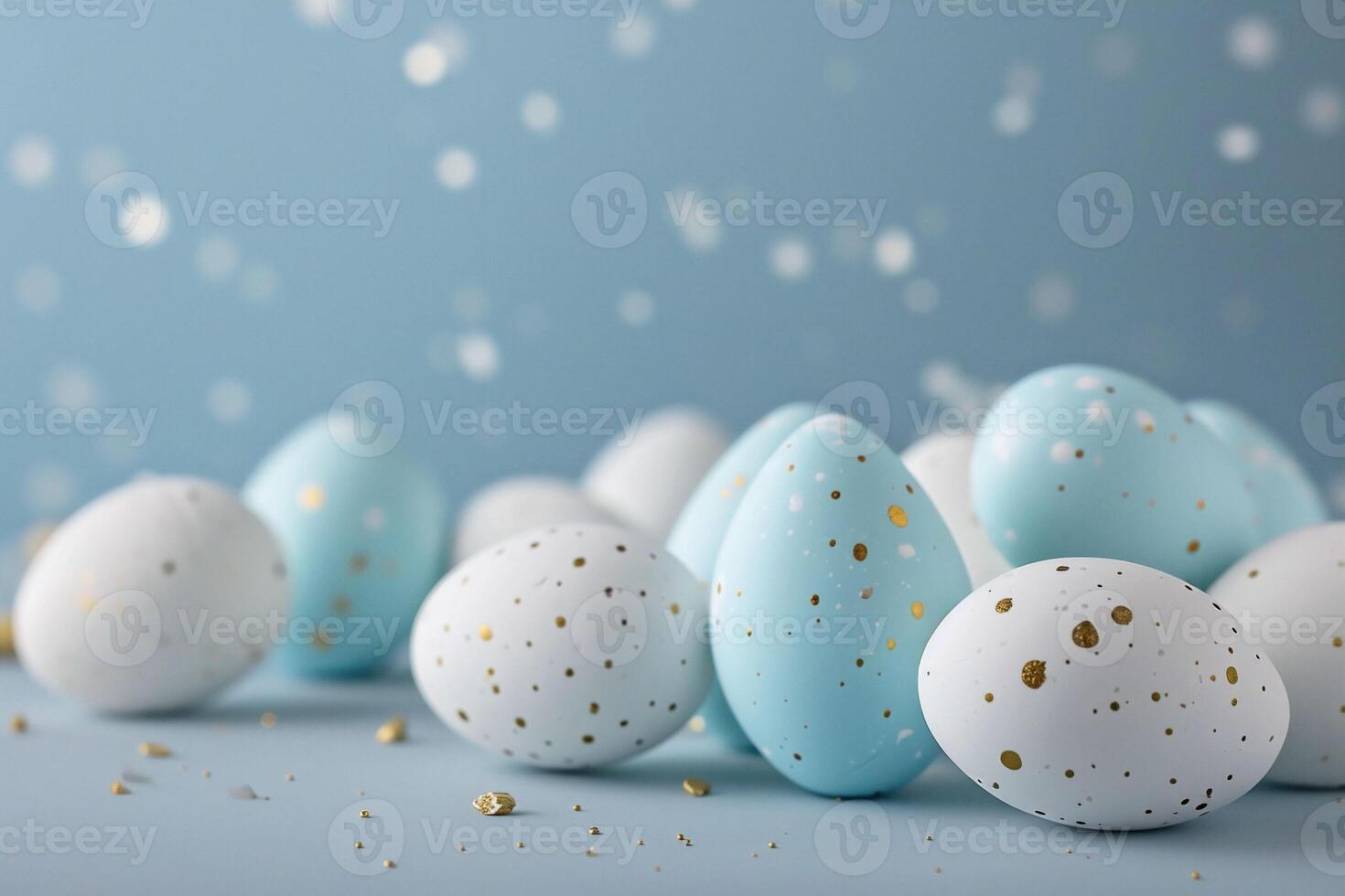 ai generado pastel ligero azul color Pascua de Resurrección huevos en suave azul y blanco con oro motas descanso en un azul antecedentes. el alegre, celebración estado animico encaja un primavera Pascua de Resurrección tema o fiesta decoración foto