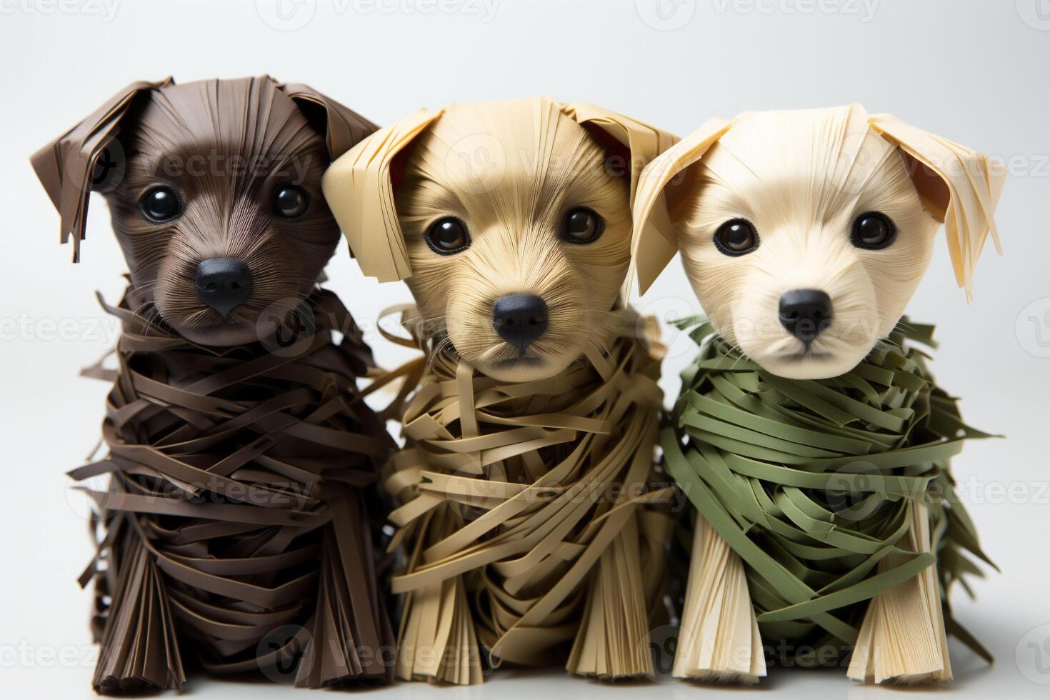 AI generated Artistic plastic Dogs Display, Trio of Handcrafted Paper Canines in Brown Shades photo