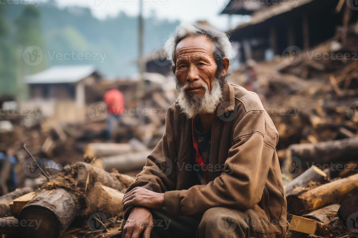 ai generado un triste, preocupado antiguo asiático hombre en un marrón chaqueta con gris pelo sentado en registros formar deforestación en un aldea. Copiar espacio. foto