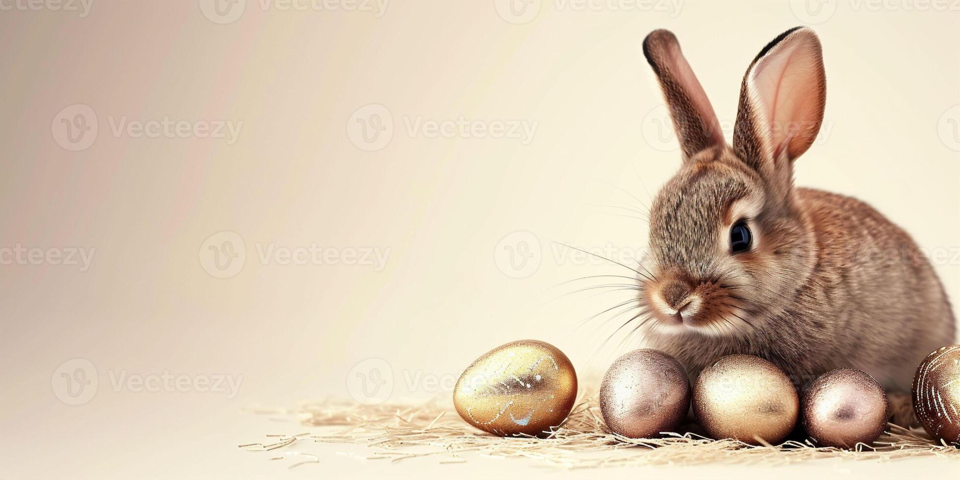 AI generated A banner of a cute and adorable easter isolated rabbit sitting behind five golden eggs. Can be used for celebration theme cards or background for congratulations texts photo