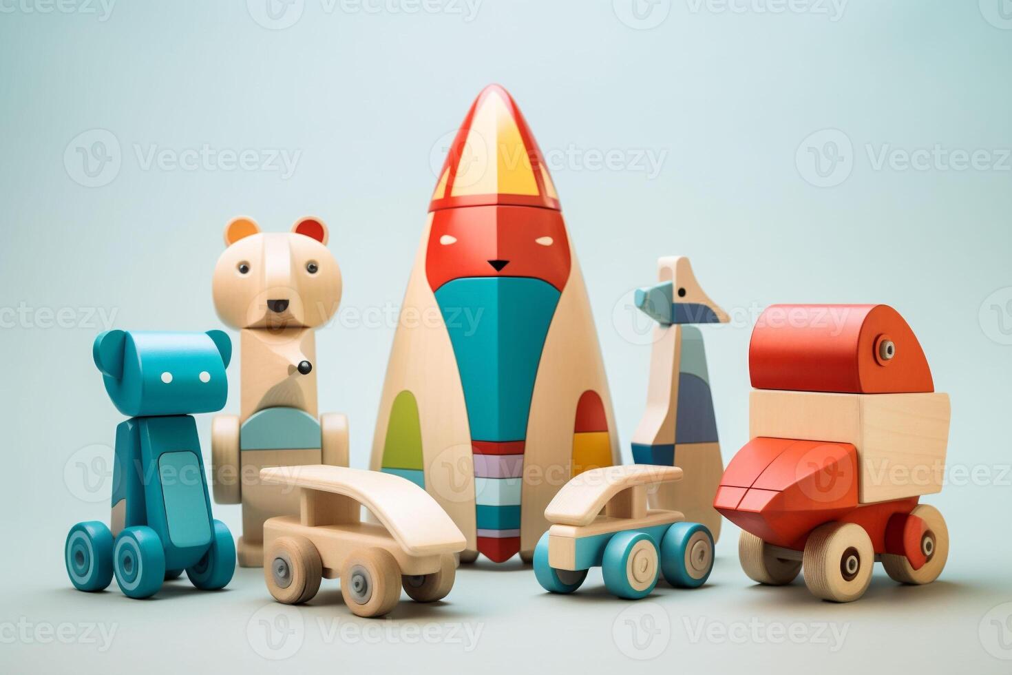 AI generated Wooden engineering construction with wood animals and cars a children's toy for building and playing. Brain and skill developing. White background. Copy space photo