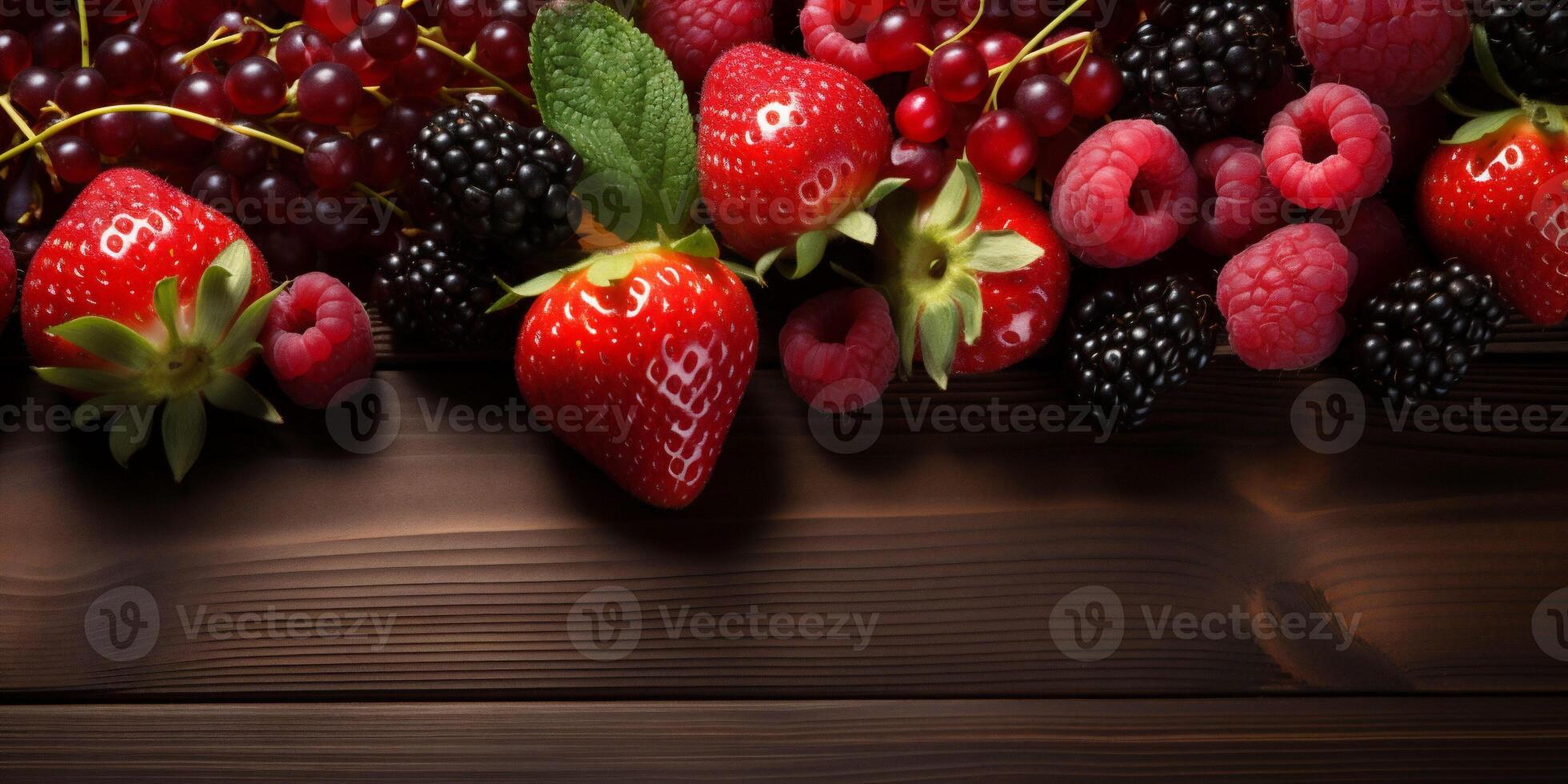 AI generated A banner with colorful fresh berries on brown background. Advertisement for market, farmer or vegan concept. Copy space photo