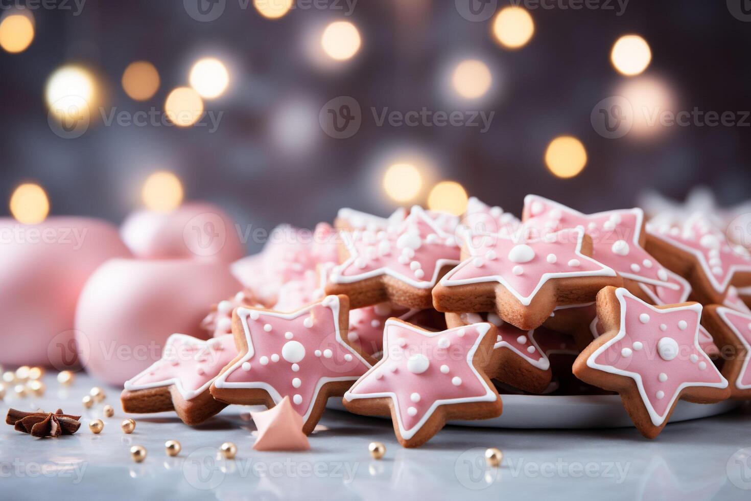 AI generated Christmas homemade pink gingerbread cookies on table and candles on bokeh background. Copy space photo