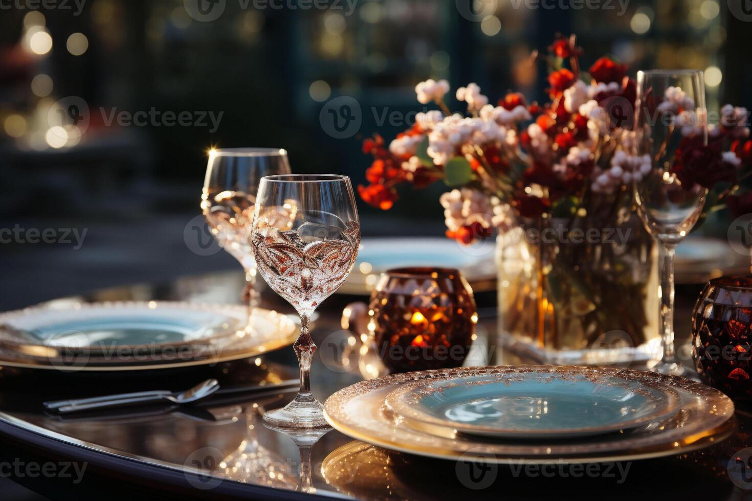 AI generated A fancy dinner table, wine glasses, a candle, white and red flowers in a see through vase on a black surface, a dark blurred background, copy space. Date, meal, restaurant. photo