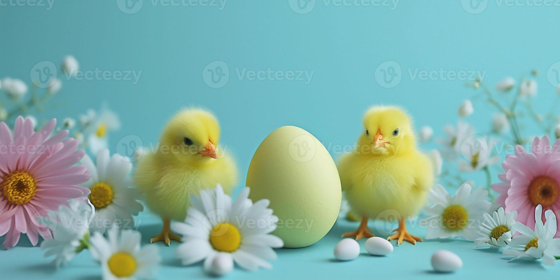 AI generated Twin Easter yellow chicks flank a central egg against a blue backdrop, accented with daisies and pink blooms, a cute and adorable spring theme. photo