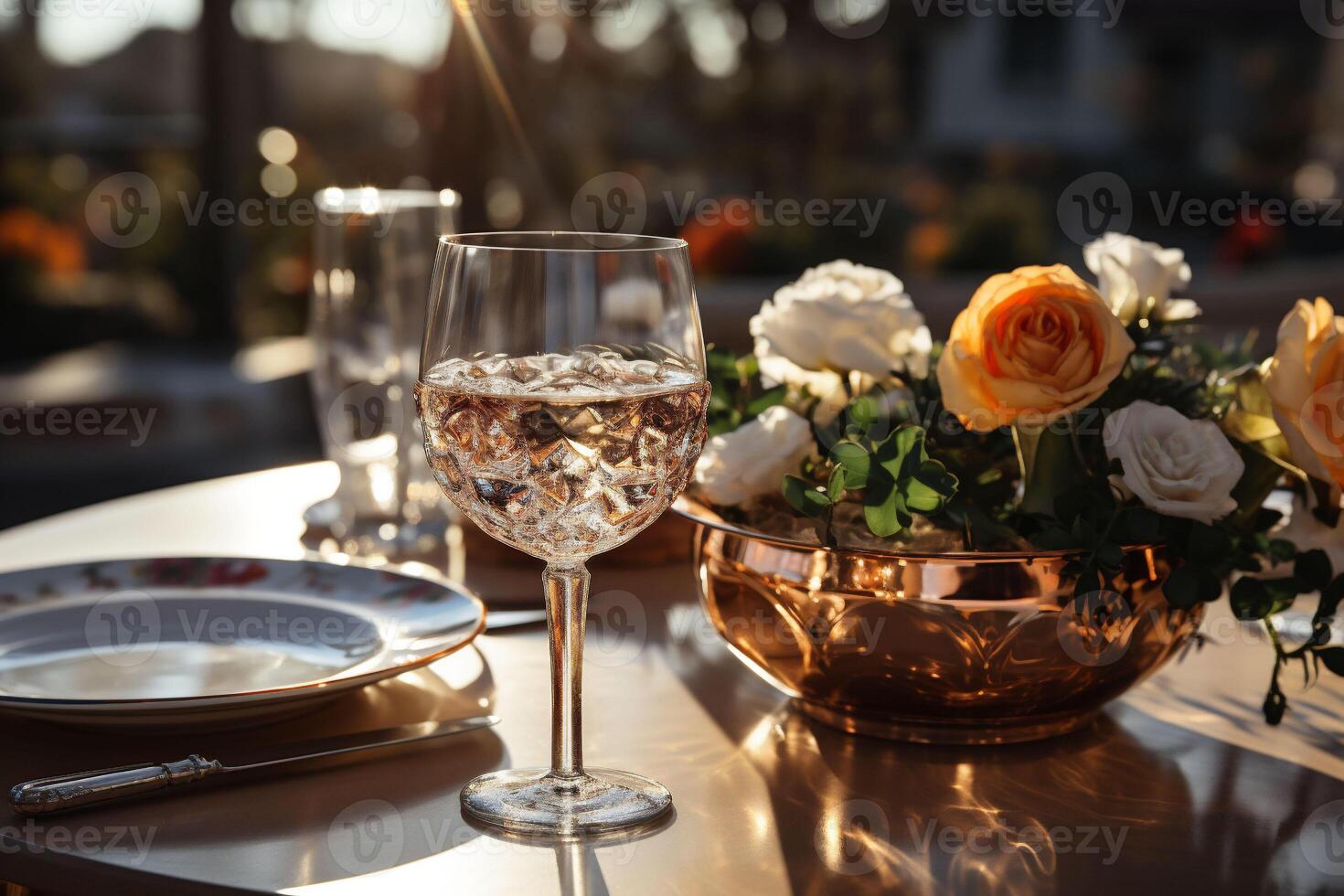 AI generated Elegant date table for two with white plates, vine glasses, cooper bucket with white and orange roses on a bronze color surface and a blurred garden in the background. Copy space. photo