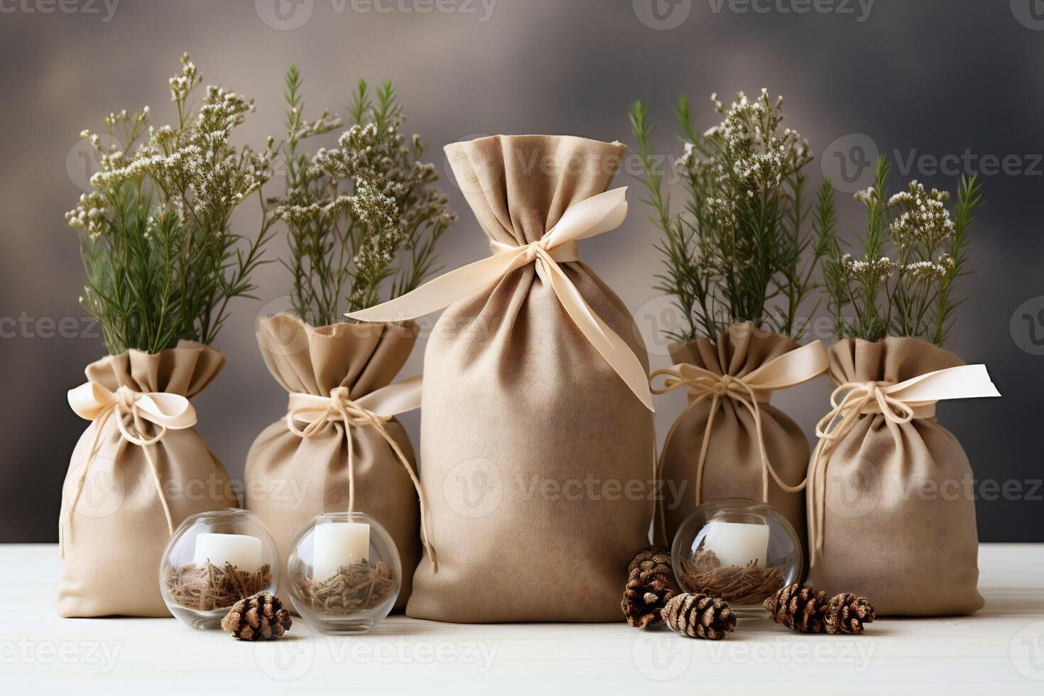 AI generated Beige bags one bigger and four smaller filled with herbs tied with ribbons standing vertically on a white surface, candles in bubbles, cones. Minimalistic decors. Gray background. photo