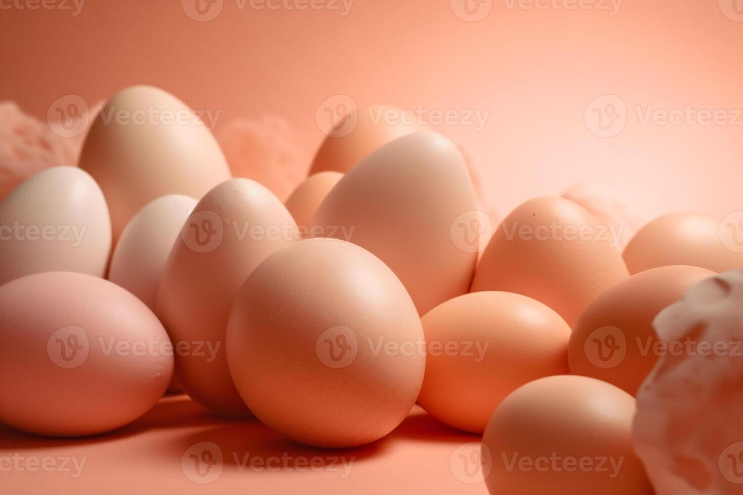 AI generated Pile of Easter Eggs of different sizes in Peach fuzz colour. Surface with Soft peach colour Background. idea for Easter poster photo