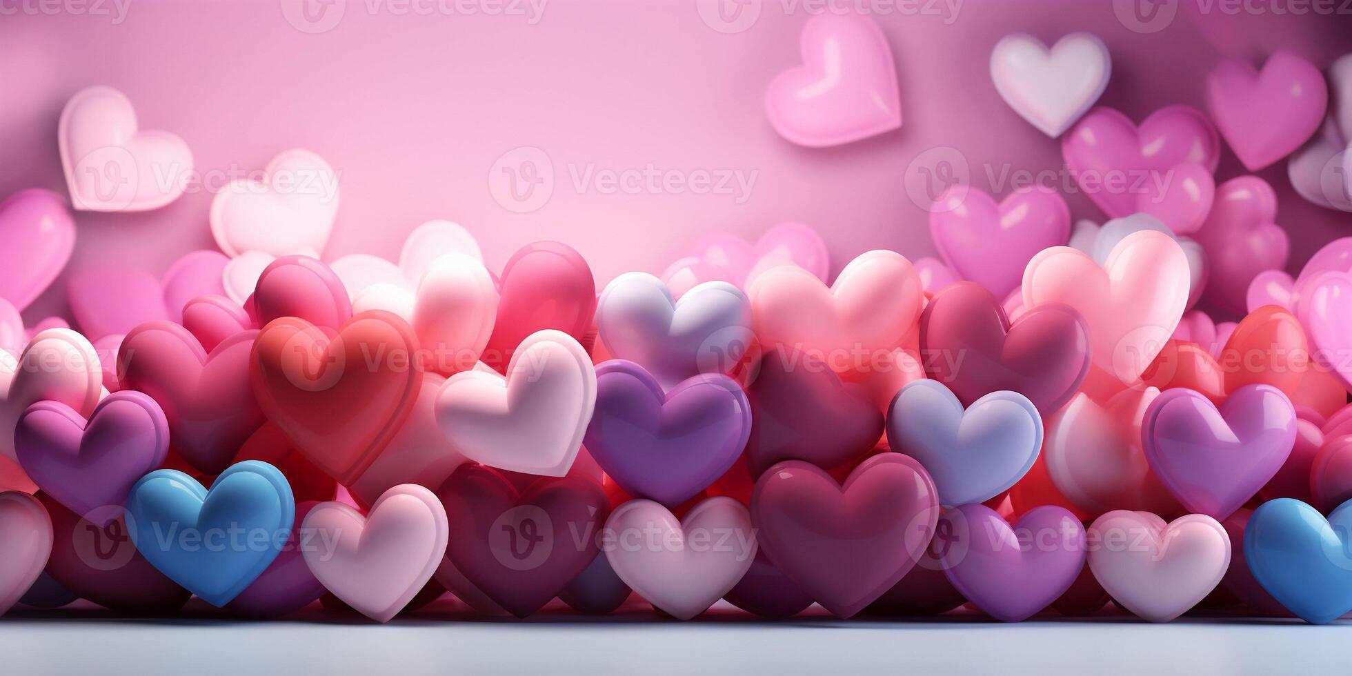 ai generado un pared decorado con vistoso 3d corazones en un rosado antecedentes. un pared para un San Valentín día foto disparo. bandera con corazones. Copiar espacio.