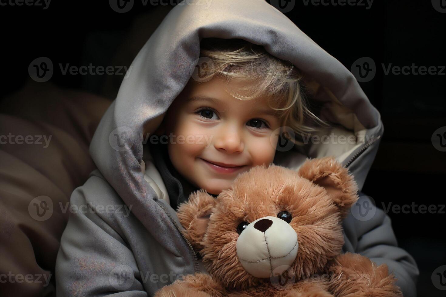 AI generated A child with a beaming smile, snug in a hooded coat, clutches a teddy bear, suggesting eco-friendly and handmade toys. themes of innocence, comfort, and sustainable childhood play. photo