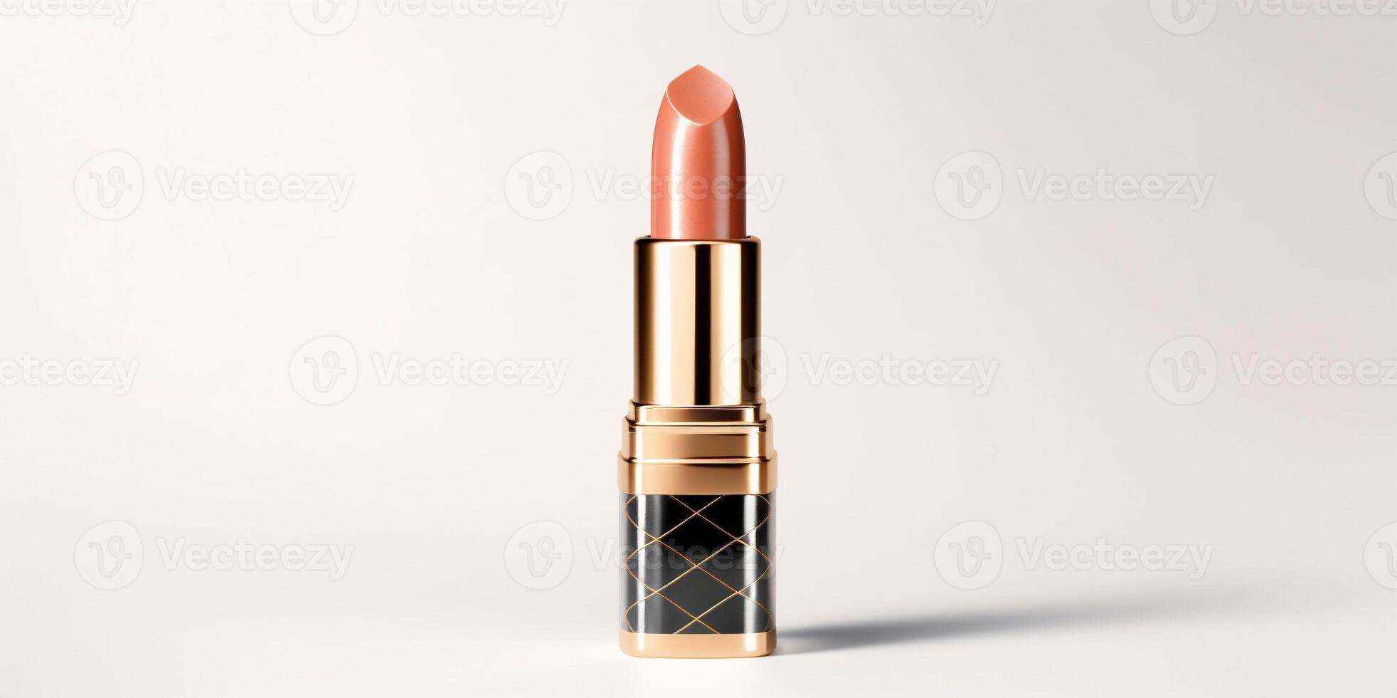 AI generated An peach fuzz color lipstick in a black and gold case on a white background. Make up a product photo shoot. Copy space.