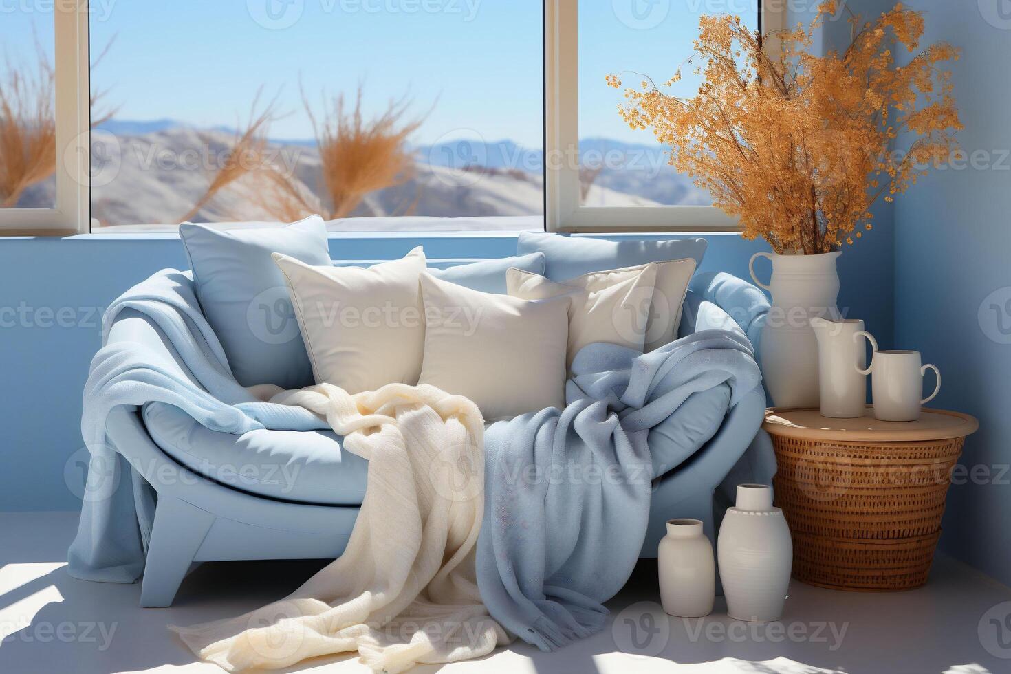 Light blue and beige sofa, blanket and pillow, vases by window and desert view in background photo