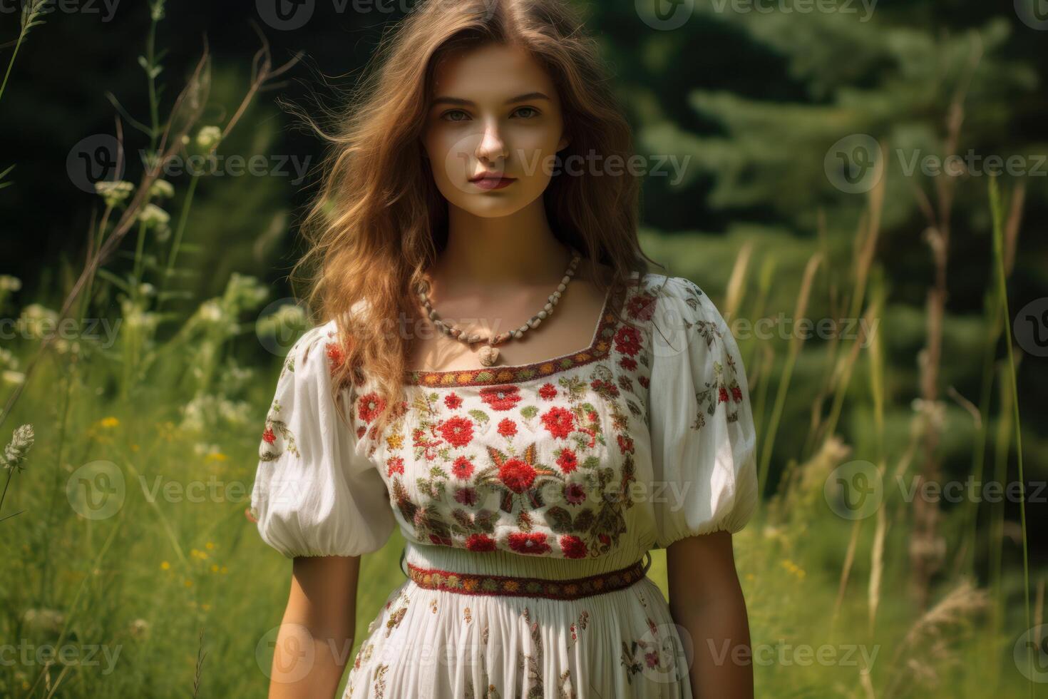 ai generado bucólico eslavo niña en vestido de verano en rural prado. generar ai foto