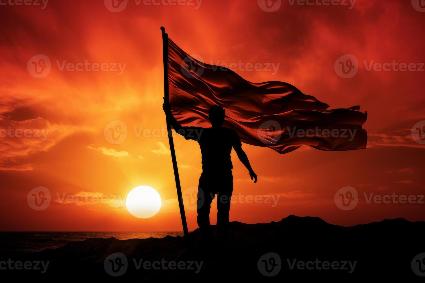 AI generated Determined Man holding flag sunset. Generate Ai photo