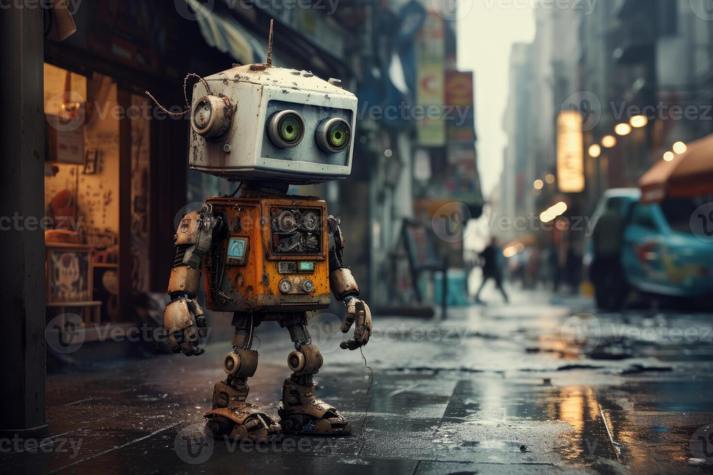 AI generated Eye-catching Robot character on street. Generate Ai photo