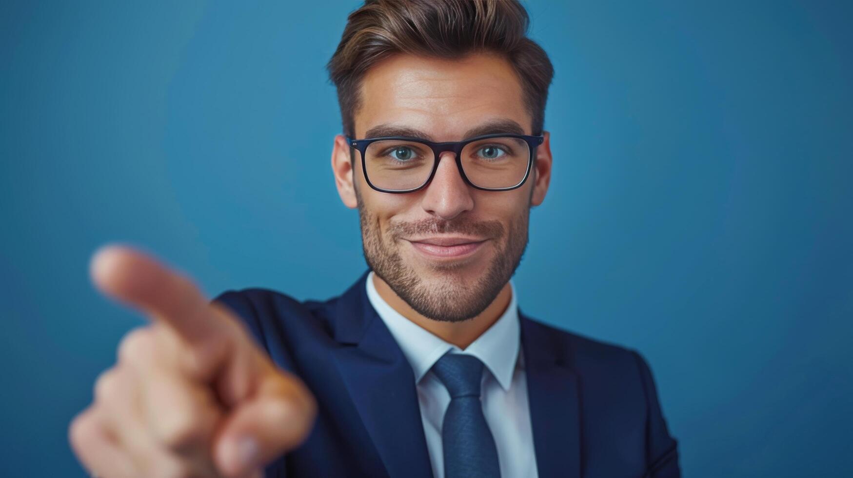 ai generado hombre en gris chaqueta señalando a cámara foto