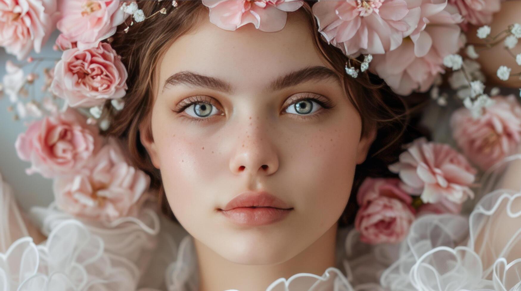 AI generated Young Woman With Blue Eyes and Pink Flowers photo
