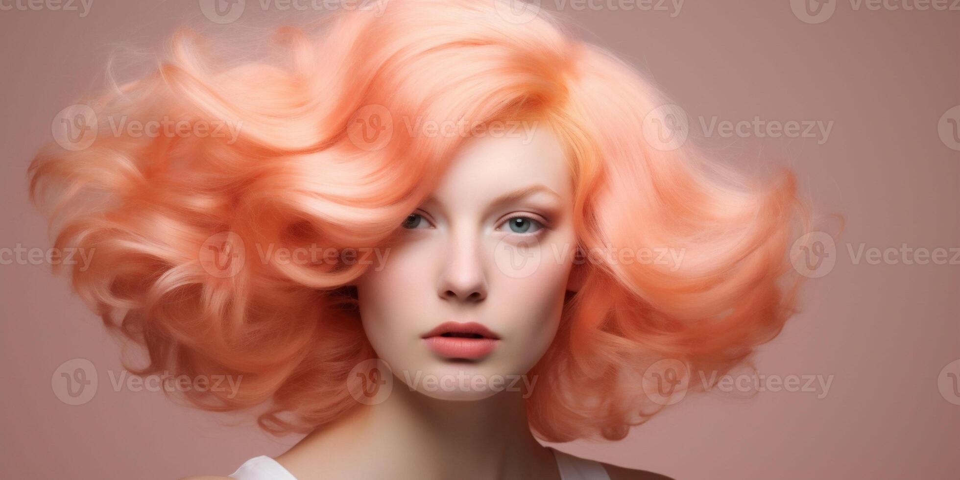 AI generated A woman staring at the camera with short shoulder length and wild peach fuzz color hair. Color of the 2024 year. White background. Copy space. photo