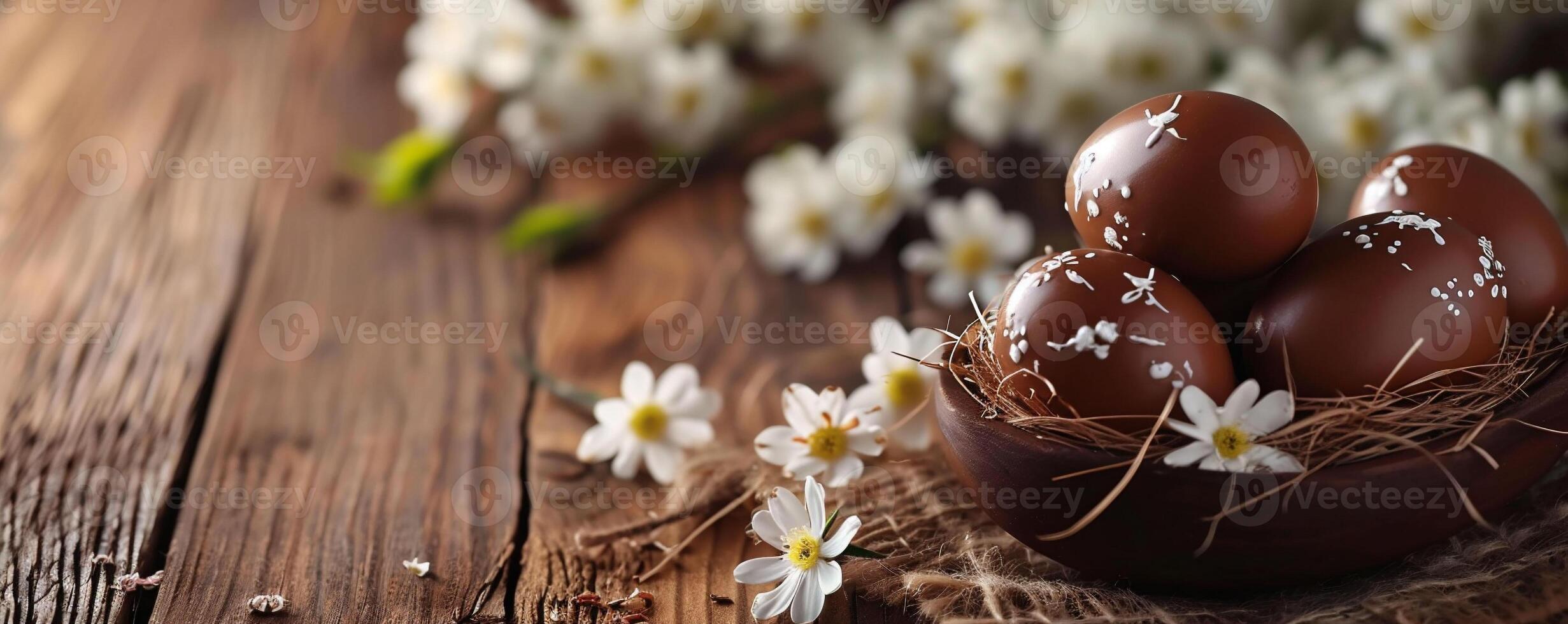 AI generated Chocolate eggs in a nest with white spring flowers on a wooden surface create a rustic and inviting Easter scene. decor advertising or traditional Easter celebration themes. photo