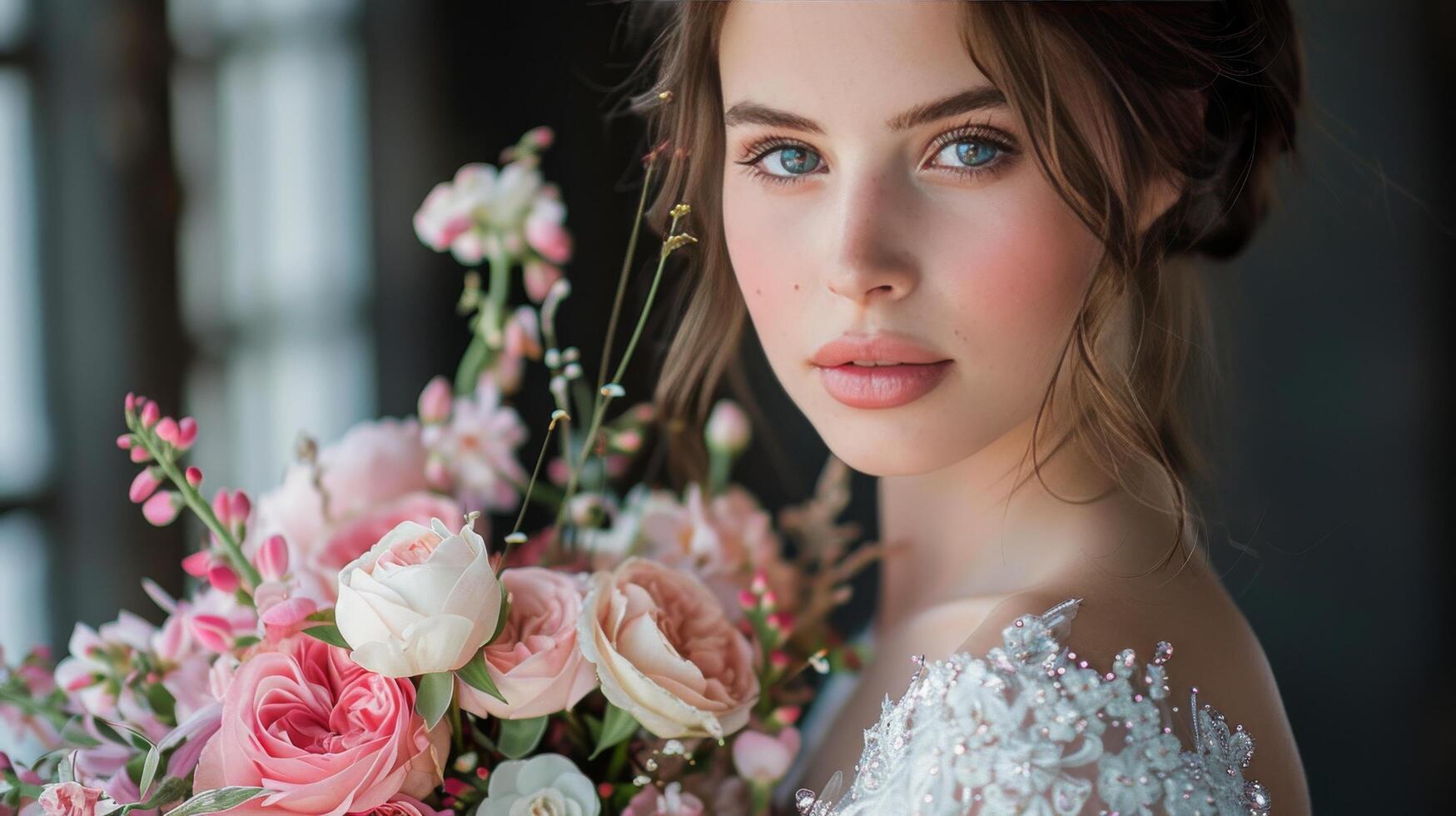 AI generated Woman in Wedding Dress Holding Bouquet of Flowers photo
