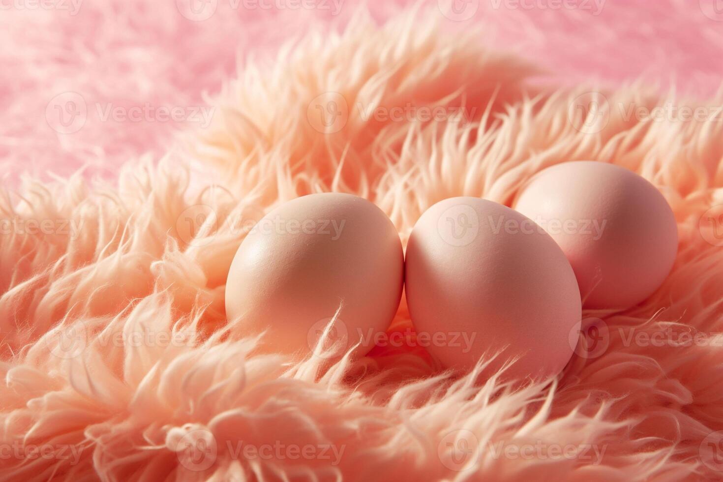 AI generated Pile of light Easter eggs rest on soft peach fuzz colored feathers, creating a gentle Easter mood. Trendy Easter poster or banner with copy space photo