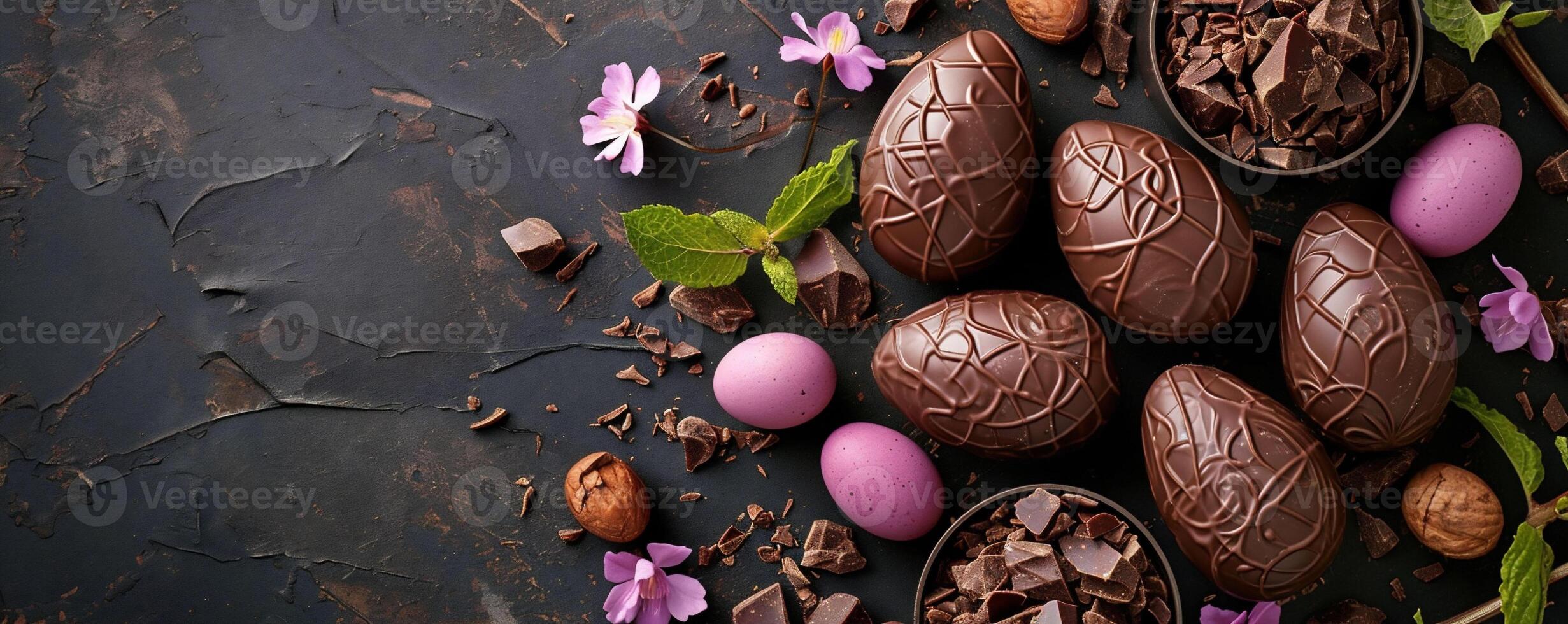 AI generated Assorted chocolate Easter eggs with intricate designs are scattered on a dark background with pink flowers, gourmet treat for a festive occasion. perfect for a luxury Easter theme. photo