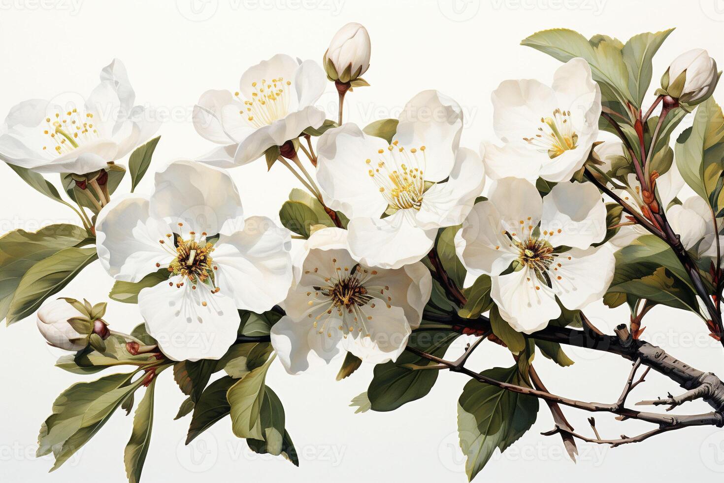 ai generado delicado blanco Cereza flores rama fuera graciosamente en un blanco fondo, simbolizando renovación y primavera. un sereno fondo o un representación de de la naturaleza belleza en Arte. foto