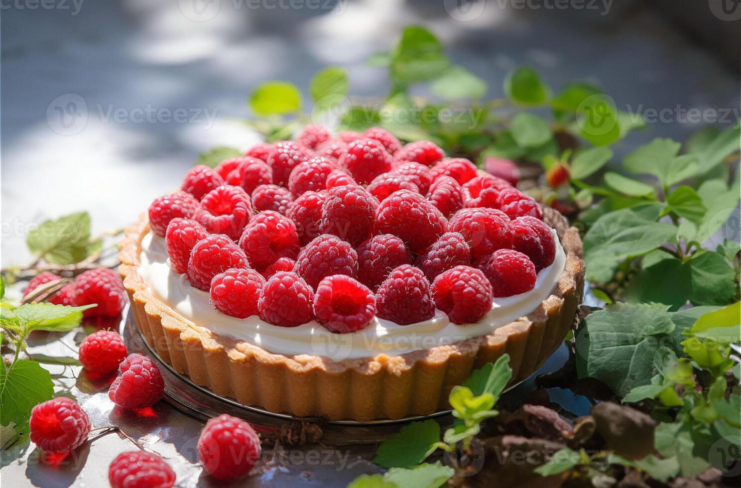 Delicious red raspberry tart with cream on a gray surface with greens on the side.. Copy space. photo