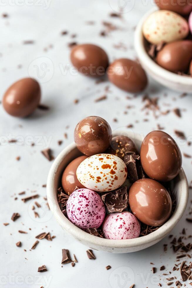 ai generado surtido de chocolate huevos en un bol, rociado con chocolate virutas, conjuntos un acogedor Pascua de Resurrección escena en un blanco antecedentes. imagen trajes culinario blogs o hogar Cocinando temas foto