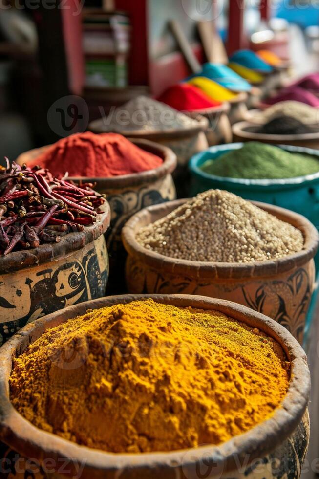 AI generated Beautiful Authentic bowls with colourful spice in market in India. Chilli, turmeric, herbs and spices in spice market. Asian or mexican food banners, advertisement. Copy space photo