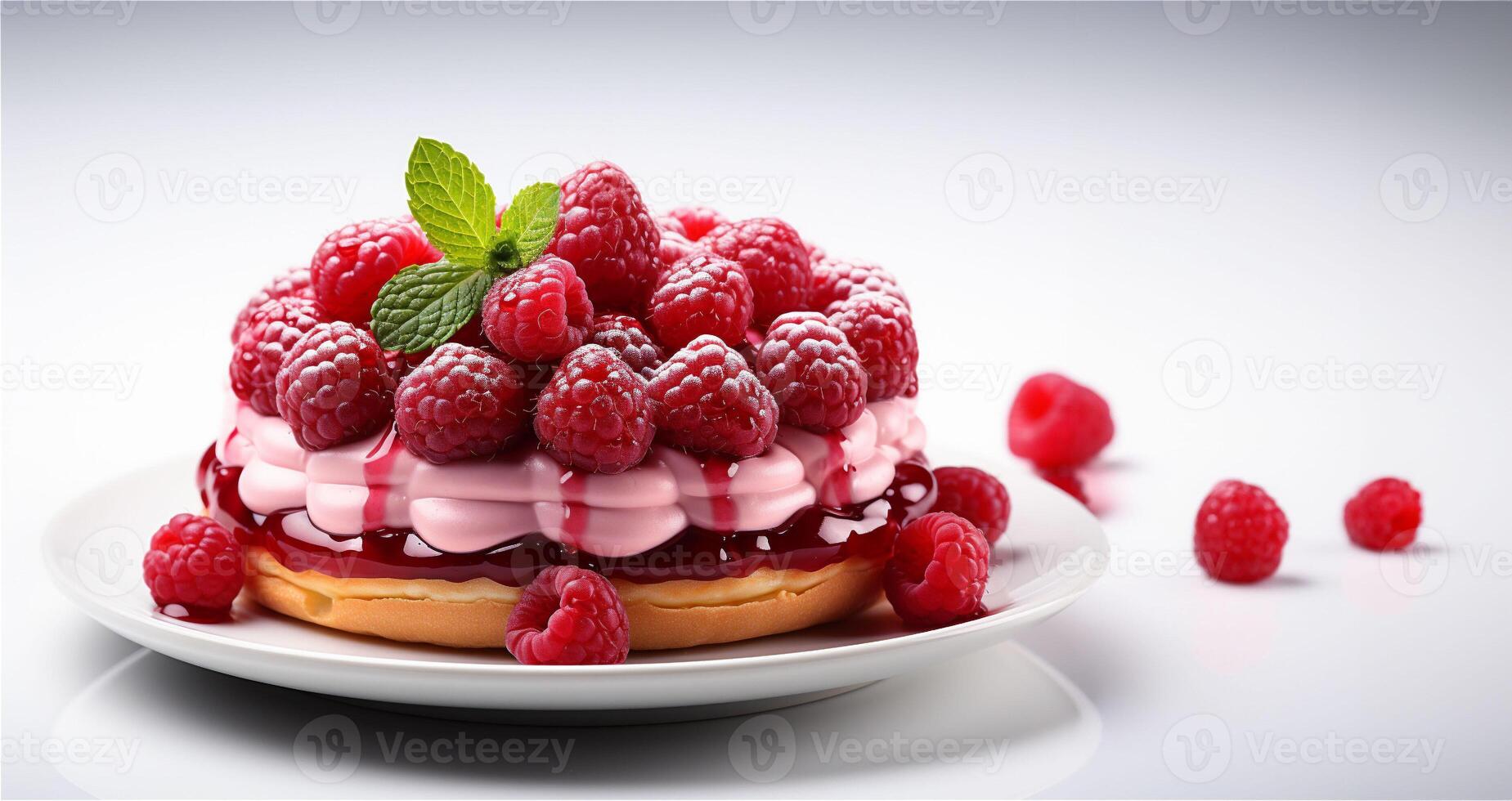 AI generated A banner with a delicious raspberry tart with cream and gem in a white plate with berries as a topping on white background. Copy space. photo